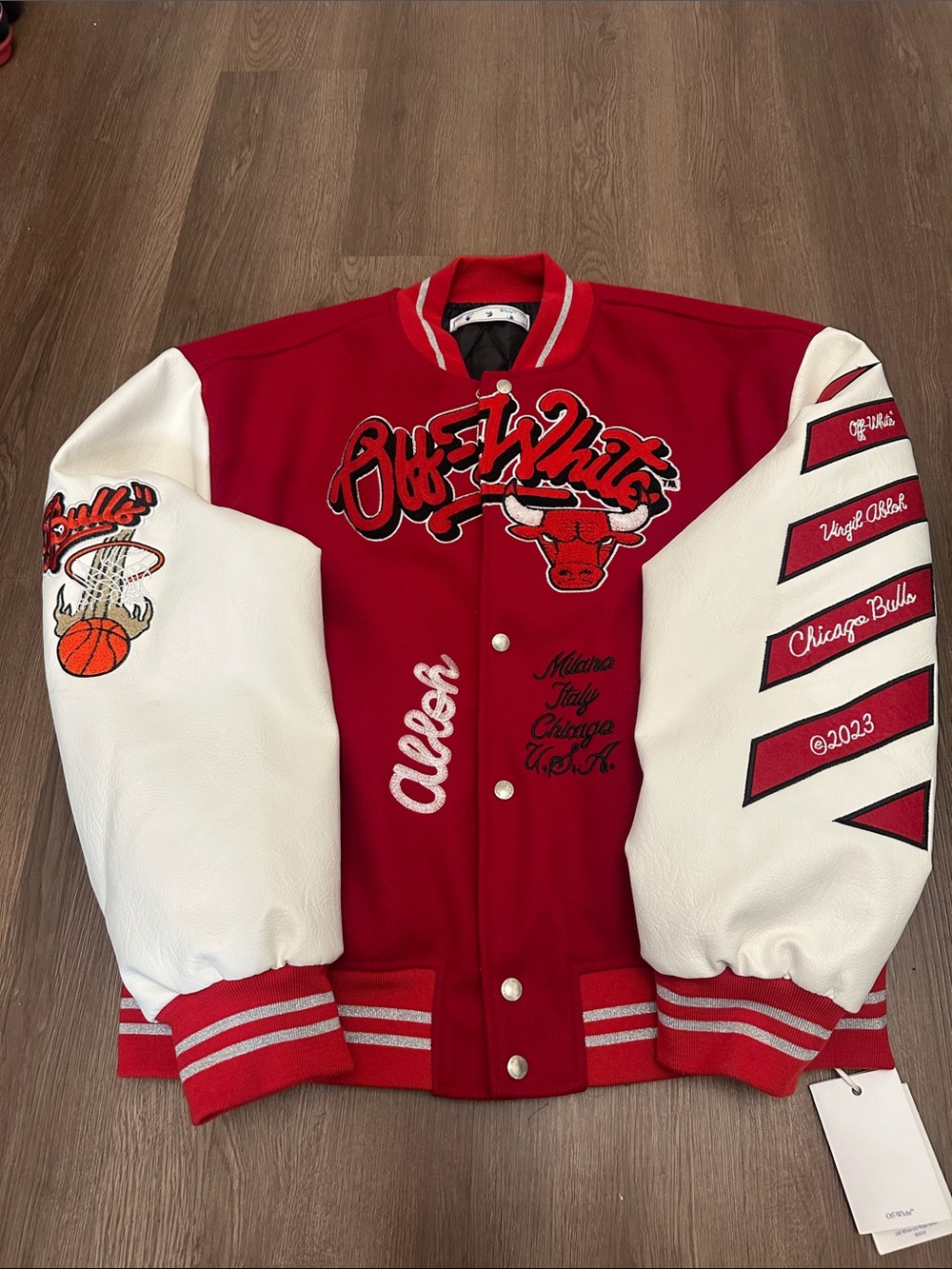 Off-White Red and White Varsity Bomber Jacket with Chicago Bulls Graphics